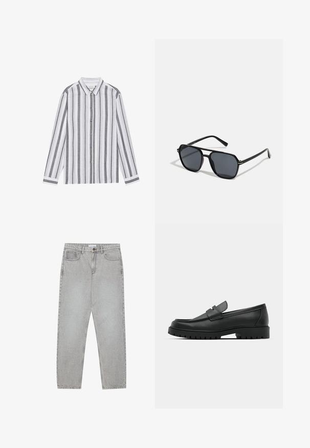 Langärmeliges Hemd mit Knöpfen in Weiß mit schwarzen vertikalen Streifen. Hergestellt aus einem leichten Stoff, mit klassischem Kragen und Manschetten.; Helle graue Jeanshose mit gerade geschnittenem Design, Fünf-Taschen-Stil und Knopfverschluss. Sichtbare Nähte entlang der Seitennähte.; Schwarze Lederloafer mit runder Zehenform, ausgestattet mit einem gesteppten Design, niedrigem Plattformsohle und einer strukturierten, genoppten Gummisohle.; Schwarze Sonnenbrille mit achteckigem Rahmen, dunklen Gläsern, glänzender Oberfläche, dünnen Bügeln und goldenen Akzenten auf der Vorderseite.
