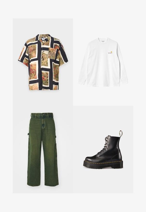 Kurzarm-Hemd mit Knopfverschluss in Schwarz, das lebhafte Blumendrucke in rechteckigen Rändern aufweist. Hergestellt aus leichtem Stoff mit lockerer Passform.; Langärmliges weißes Baumwoll-T-Shirt mit Rundhalsausschnitt, das auf der linken Brust ein kleines gelbes und burgunderrotes Logo trägt. Nahtlose Bündchen und Saum.; Grüne Denim-Cargohosen mit weitem Beinumfang, ausgestattet mit Seitentaschen, verblasster Textur sowie klassischem Knopf- und Reißverschluss.; Schwarze Leder-Schnürstiefel mit knöchelhohem Schaft, einer robusten schwarzen Sohle und gelben Nähten. Verfügt über eine Lasche hinten und runde Metallösen.