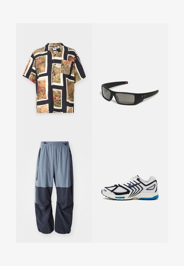 Kurzarm-Hemd mit Knopfverschluss in Schwarz, das lebhafte Blumendrucke in rechteckigen Rändern aufweist. Hergestellt aus leichtem Stoff mit lockerer Passform.; Locker sitzende, zweifarbige Outdoor-Hosen mit einem hellblauen oberen Bereich und einem dunkelblauen unteren Bereich, ausgestattet mit einem Kordelzugbund und Seitentaschen.; Weißer Sportschuh mit schwarzen Akzenten, Netzpaneelen und blauen Details. Verfügt über eine strukturierte Sohle und schlanke Designlinien.; Schwarze Sonnenbrille mit matter Oberfläche, rechteckigen Gläsern, leichtem Bogen an den Schläfen, dezentem Logo-Detail und rauchgetönten Gläsern.
