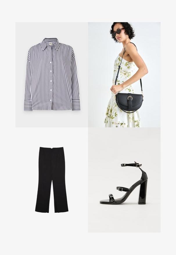 Gestreifte Button-up-Hemd mit vertikalen schwarzen und weißen Linien, einem Kragen, langen Ärmeln und Knopfmanschetten. Aus glattem Baumwollmaterial.; Schwarze Hose mit geradem Schnitt, ausgestattet mit Fronttaschen und Seitenschlitzen am Saum. Hergestellt aus weichem, glattem Stoff. Geeignet für verschiedene Anlässe.; Schwarze Lackleder-Sandalen mit hohen Absätzen, zwei Riemen mit Schnallen, quadratischer Zehenpartie und klobigem Blockabsatz, mit einer glatten, glänzenden Textur.; Schwarze Lederhandtasche mit geschwungener Form, abnehmbarem Tragegurt und goldenen Beschlägen. Die Tasche verfügt über einen Deckel mit einer Schnallen-Details.