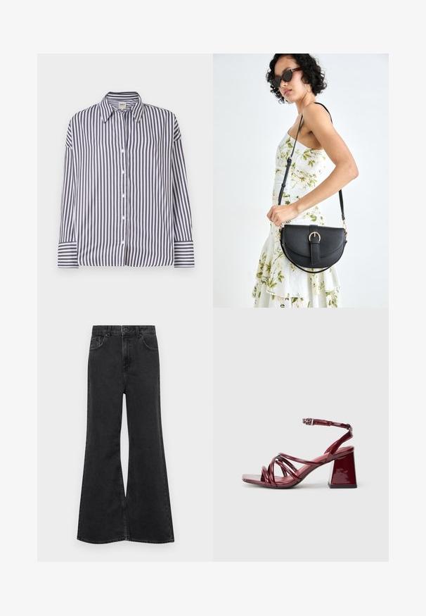 Striped button-up shirt featuring vertical black and white lines, a collar, long sleeves, and button cuffs. Smooth cotton material.; Black denim flared jeans with a high waist, featuring five pockets, subtle stitching, and a button closure at the front.; Patent burgundy heeled sandals with a square toe, featuring multiple intertwined straps and a chunky block heel. Adjustable ankle strap.; Black leather handbag with a curved shape, detachable strap, and gold hardware. The bag features a flap with a buckle detail.