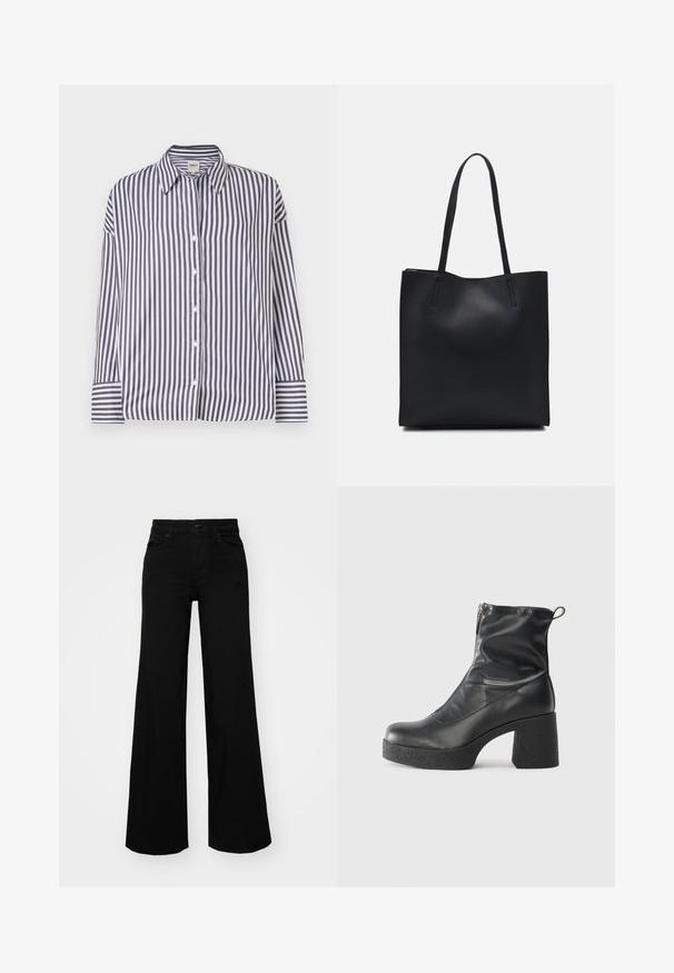 Ριγέ πουκάμισο με κάθετες μαύρες και λευκές ρίγες, γιακά, μάκρος μανικιών και κουμπιά στα μανίκια. Λείος βαμβακερός υλικός.; Μαύρο παντελόνι με φαρδιά μπατζάκια από τζίν, με δομημένη μέση, θηλιές ζώνης και μπροστινές τσέπες. Λείος υφασμάτινος σχεδιασμός με κλασική εμφάνιση.; Μαύρες μποτές μέχρι τον αστράγαλο από λείο δέρμα, με πλευρικό φερμουάρ, χοντρό υφασμάτινο τακούνι και στρογγυλή μύτη.; Μαύρη δερμάτινη τσάντα tote με λείο υφή, ορθογώνιο σχήμα και δύο μακριές λαβές. Χωρίς ορατό υλικό ή διακοσμητικά στοιχεία.