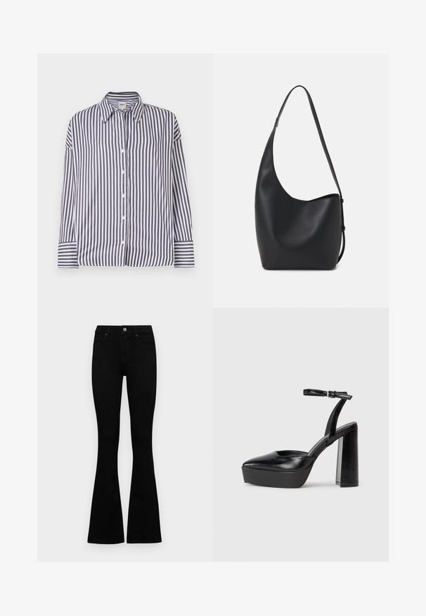 Pruhovaná košile na knoflíky s vertikálními černými a bílými pruhy, límcem, dlouhými rukávy a knoflíkovými manžetami. Hladký bavlněný materiál.; Černé vysoké džíny s knoflíkem a zipovým zapínáním, předními kapsami a rozšířenými nohavicemi, ležící na bílé podložce.; Černé platformové podpatky s špičatou špičkou a nastavitelným kotníkovým popruhem. Vyrobeny z hladké kůže, s masivním blokovým podpatkem.; Černá kožená hobo taška s hladkým povrchem, zakřiveným tvarem a jedním nastavitelným popruhem; má široké otevírání nahoře.