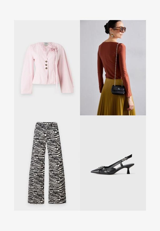 Rožinė juostelėta bluzonė su V formos iškirpte, ilgomis rankovėmis ir gėlių akcentu kairėje pusėje. Priekyje trys dekoratyviniai mygtukai.; Plati kojos kelnės juodos ir kremės spalvos zebra dryžių raštu. Pagamintos iš tekstūruoto audinio, su klasikiniu juosmeniu ir priekinių kišenių.; Juodas odinis slingback tipo batai su smailiu priekiniu atvartu, dekoratyvinėmis sagtimis su metaliniais akyčiais ir žemu blokiniu kulnu. Saldus paviršius.; Vivienne Westwood SMALL PURSE CHAIN - Rankinė per petį - black