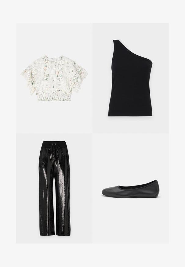 Alice + Olivia TABITHA BLOUSE - Bluse - offwhite; Løsningstanktop med en skulder i sort ribbet stof, der har et tætsiddende design og blød tekstur. Har en ren, minimalistisk skæring og en glat halsudskæring.; Sorte palietterede bukser med vidde i benene og elastisk talje med snor. Stoffet har en reflekterende, skinnende tekstur.; Sort læderballetsko med rund tå, glat tekstur, minimal syning og et fleksibelt såldesign.