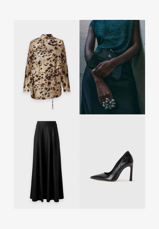 Beige selyem anyagú, leopárdmintás, hosszú ujjú blúz, magasított nyakkivágással, húzózsinóros derékkal és sima, fényes felülettel.; Fekete, földig érő szoknya sima textúrával, széles derékrésszel és plisszézett dizájnnal, látható minták vagy díszítések nélkül.; Fekete hegyes orrú magassarkú cipő krokodilbőr textúrával, letisztult dizájnnal, magas tűsarkú és sima fekete belső résszel.; Fekete krokodilbőr mintázatú válltáska ezüst hardware-rel, egy texturált szürke háttér előtt tartva. Fényes felülettel rendelkezik.