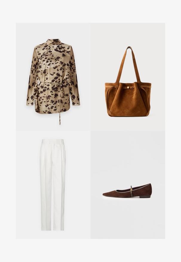 Leopardmønstret langærmet bluse i beige satin med krave, snøring i taljen og en glat, blank overflade.; Hvide stikstribede bukser med et lige ben-design, lavet af et let stof. Har foldninger foran og et traditionelt liv.; Brune ruskind flad sko med spids tå, der har en tynd rem og gyldne hardwaredetaljer. Skoen har en lav hæl og grå kant.; Brun suede tote taske med dobbelthåndtag, en lukning med knap og en afslappet, let slaskete form.