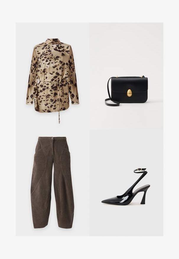 Leopard print long-sleeve blouse in beige satin, featuring a funnel neck, drawstring waist, and a smooth, glossy texture.; Brown wide-leg corduroy pants with high waist, front button closure, and angled seam details on legs.; Black patent leather slingback high heels with a pointed toe, adjustable ankle strap, and a moderate block heel. Smooth texture with glossy finish.; Black leather handbag with a structured rectangular shape. Features a golden oval clasp and a thin shoulder strap. Smooth texture.