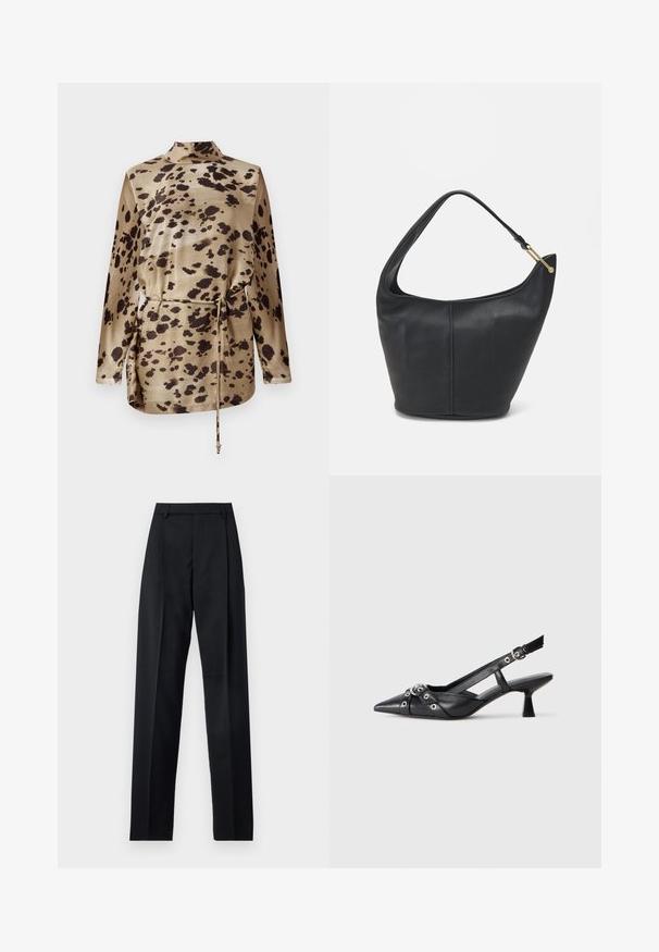 Blouse à manches longues en satin beige à motif léopard, dotée d'un col montant, d'une taille à cordon et d'une texture lisse et brillante.; Pantalon noir en tissu lisse avec taille haute, jambes larges, plis à l'avant et passants de ceinture classiques. Pas de poches latérales visibles.; Chaussure slingback en cuir noir avec un bout pointu, des sangles décoratives avec œillets en métal et un petit talon carré. Surface texturée.; Sac à main en cuir noir avec une forme arrondie, une large bandoulière et une finition texturée. Présente un détail de couture subtil et un accent en métal doré.