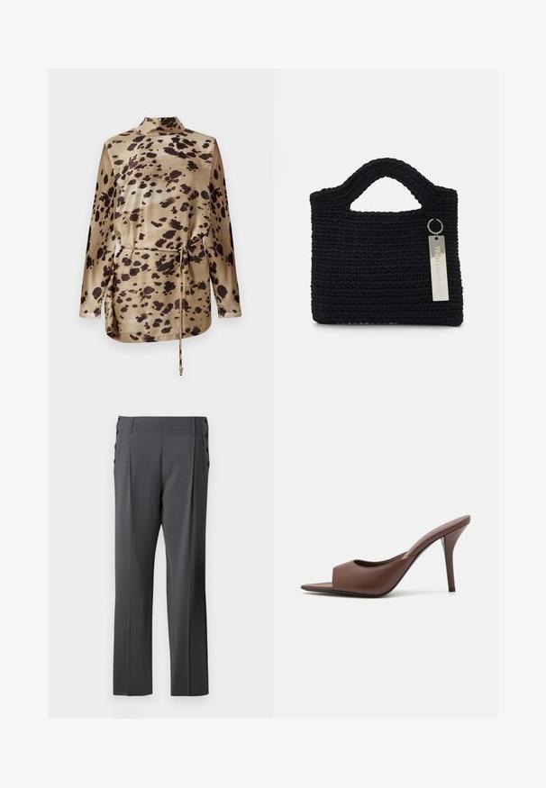 Beige Satinbluse mit Leopardenmuster und langen Ärmeln, mit einem Trichterkragen, verstellbarem Bund und glatter, glänzender Textur.; Graue, maßgeschneiderte Hose mit geradem Bein, Vorderfalten und dekorativen Seitentasten für zusätzlichen Stil. Glatte Stoffstruktur.; Braune Leder-Open-Toe-Hochhackige Mules mit einem eleganten Design, das einen breiten Vorderriemen und einen schlanken Stiletto-Absatz aufweist.; Won Hundred MARSIELLE COMPUTER BAG UNISEX - Notebooktasche - black