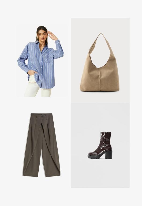 Friends Like These LONG SLEEVE BUTTON THROUGH - Skjortebluser - blue stripe; Vide bukser lavet af et struktureret, mørkegråt stof. Har en frontfald, knaplukning og sidelommer for praktisk anvendelse.; Glatte burgunder ankelstøvler med en chunky sort hæl, der har en glat tekstur og et simpelt design. Ingen synlige lukninger eller mønstre.; Hobo taske i blød beige ruskind med en afslappet form, bred skulderrem og håndsyet sømdetalje langs fronten.