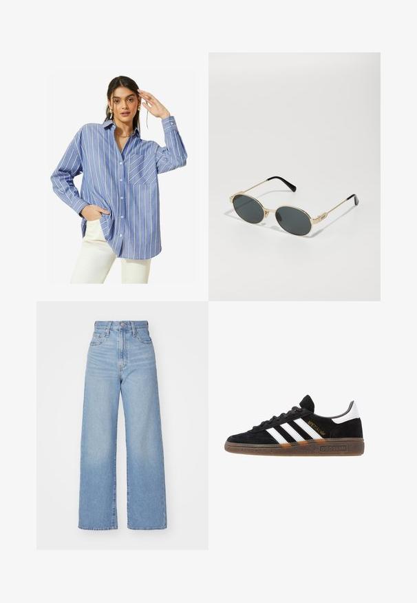 Friends Like These LONG SLEEVE BUTTON THROUGH - Skjorta - blue stripe; Ljusblå högmidjade vida jeans med knapp- och dragkedjestängning, fram- och bakfickor, mot en vit bakgrund.; Svarta Adidas-sneakers med vita ränder, guld "Spezial" text, gummisulor och vit hälflik, visade i profilvy.; Guldmetallsolglasögon med ovala linser och mörkfärgade linser. Svarta acetattrutar på skalmarna. Varumärket "QUAY" på sidan.