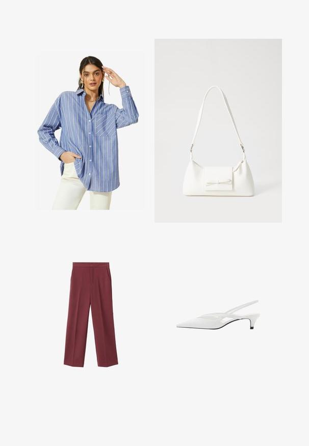 Friends Like These LONG SLEEVE BUTTON THROUGH - Blúzka so zapínaním na gombíky - blue stripe; Bordové nohavice s širokými nohavicami a hladkým povrchom, s bočnými vreckami a vysokým pásom. Ušité s čistým predným záhybom.; Biele slingback podpätky s špicatou špičkou, s hladkým zvrškom, jemnými výrezmi a nízkym blokovým podpätkom. Čierna podrážka zvýrazňuje dizajn.; Biela syntetická kabelka s trojuholníkovým tvarom, plochým predným klapkou a detailom mašle, nastaviteľným popruhom, hladkou textúrou a minimalistickým dizajnom.
