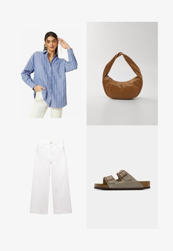 Friends Like These LONG SLEEVE BUTTON THROUGH - Camicia - blue stripe; Jeans bianchi a gamba larga in cotone, caratterizzati da un'alta vita, design a cinque tasche e dettagli in ottone. Texture liscia e non trattata.; Infradito in suede grigio chiaro con due fibbie regolabili, un sottopiede in sughero e una suola in gomma strutturata.; Borsa in pelle intrecciata di colore marrone, forma ovale con un manico spesso intrecciato, dotata di chiusura con zip e superficie lucida.