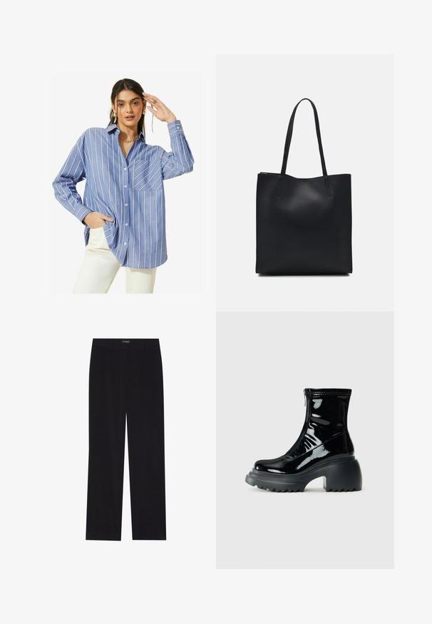 Friends Like These LONG SLEEVE BUTTON THROUGH - Cămașă - blue stripe; Pantaloni din cord din culoare neagră, cu croială dreaptă, având un brâu plat și fără buzunare vizibile, textură netedă și detalii cu fante verticale.; Botină neagră lucioasă pe platformă, cu vârf rotund, toc masiv, închidere cu fermoar și talpă groasă cu striații, pe un fundal alb.; Geantă tote neagră din piele, cu textură netedă, formă rectangulară și două mânere lungi. Fără hardware vizibil sau ornamente.