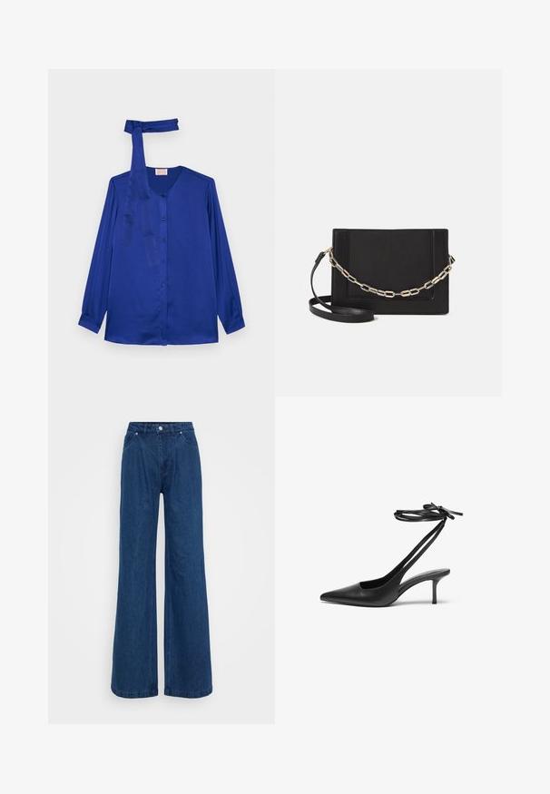 Pikkade varrukatega särk kuninglikus sinises satiinis, millel on ümmargune kaelus, ees nappide sulgemine ja sobitav paelte detail kaelas.; Hallise jalgadega sinised denim püksid kõrge vöökohaga, ees nupuga ja tõmbluku sulguri ning ees ja taga taskutega, lihtsa tausta ees.; Must musta stiletto kingad terava ninaga, avatud seljaosa ja pahkluu rihmadega, mis on seotud kaareks. Kitsa 3-tollise kontsaga. Sile tekstuur, minimalistlik disain.; Mustast nahast õlakott, mis omab siledat tekstuuri, ristküliku kuju ning esiküljel metallketi detaili. Reguleeritav rihm on kaasas.