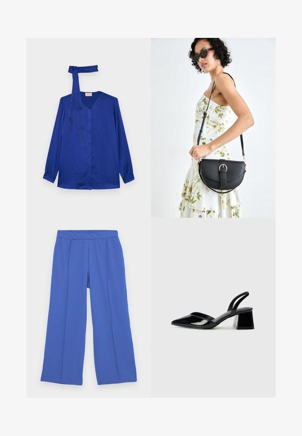 Ilga rankovė bluzonė karališkai mėlynos satino spalvos, su apvalia iškirpte, priekyje užsegama mygtukais ir su derančiu kaklo raiščiu.; Platus kojas kelnes iš minkštos, elastingos medžiagos ryškiai mėlynos spalvos. Yra plokščia juosmens linija ir dvi priekinės klostės, suteikiančios papildomo dizaino akcento.; Juodos lakuotos odinės šlepetės su smailiu pirštu ir geometriniu bloko kulnu. Turi elegantišką, minimalistinį dizainą ir lygų paviršių.; Juodas odinis krepšys su išlenkta forma, nuimamu dirželiu ir auksiniais detalėmis. Krepšys turi kilpą su sagtimi.