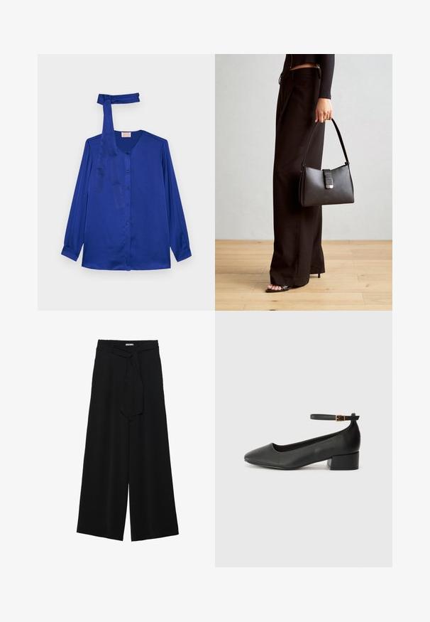 Hosszú ujjú blúz királykék selyemből, kerek nyakkivágással, elől gombos záródással és a nyakban illeszkedő megkötő részletettel.; Fekete, bő szárú nadrág, texturált anyagból, rugalmas derékpánttal és levehető sállal a derekán, amely állítható illeszkedést biztosít.; Fekete bőr magassarkú cipő hegyes orral és alacsony tömb sarkal. Bokapánttal rendelkezik, aranyszínű csattal. Simább textúra.; Fekete kézi táska strukturált formával, sima textúrával és fémből készült záródással. Széles fekete nadrággal és nyitott orrú szandállal párosítva, fából készült padlón.