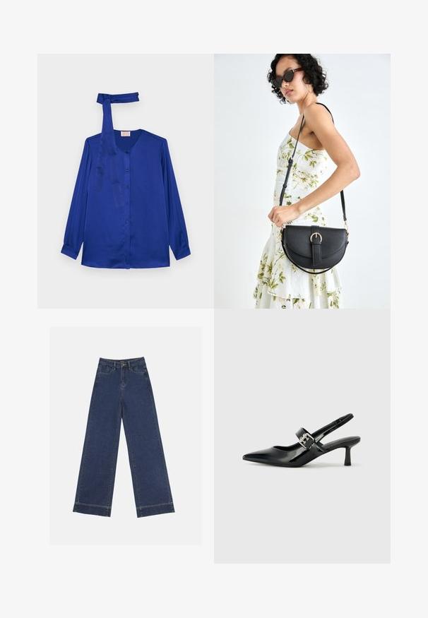 Long-sleeve blouse in royal blue satin, featuring a round neckline, front button closure, and a matching tie detail at the neck.; Wide-leg jeans in dark blue denim. Features five pockets, belt loops, and a raw hem at the bottom with visible stitching details.; Black patent leather slingback heels with a pointed toe and a small block heel, featuring a silver buckle accent on the strap.; Black leather handbag with a curved shape, detachable strap, and gold hardware. The bag features a flap with a buckle detail.