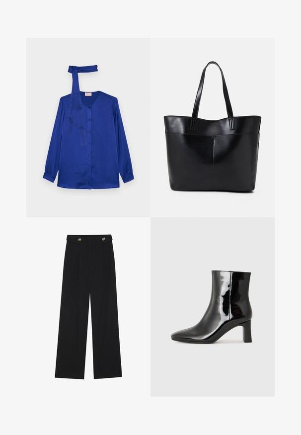 Bluză cu mânecă lungă din satin albastru regal, cu decolteu rotund, închidere cu butoane pe față și un detaliu asortat de cravată la gât.; Pantaloni negri cu picioare largi, talie înaltă, detalii cu butoane pe talie și pliseuri în față.; Botine negre din piele lacuită, cu vârful ascuțit și toc bloc de înălțime medie. Textură netedă și design minimalist.; Geantă oversized din piele neagră, cu două mânere lungi, de textură netedă și formă structurată. Are un buzunar frontal pentru stocare suplimentară.