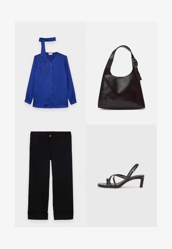 Pitkähihaisessa kuninkaansinisessä satiinipuserossa on pyöreä kaula-aukko, etupyötä sulkeva napitus sekä kaulassa oleva matching-nauha.; Mustat puuvillapöksyt, joissa on suora lahje, etutaskut, kultainen nappikiinnitys ja käänteet. Tasainen rakenne.; Mustat hihnalligat, joissa on neliön muotoinen kärki ja matala lohkokorko. Ominaisuuksiin kuuluu useita ohuita hihnoja ja säädettävä nilkkahihna. Valmistettu sileästä nahasta.; Ruskea nahkainen olkalaukku, jossa on sileä rakenne, pyöreä muoto, leveä hihna ja pyöreä metallikoriste kahvassa.