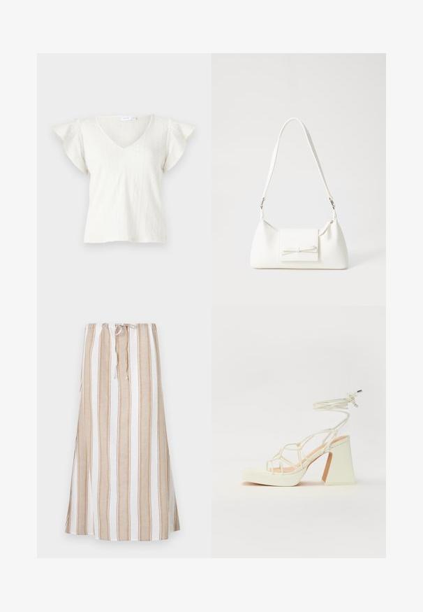 Fehér, texturált blúz V-nyakkal, rövid fodros ujjakkal és függőleges mintákkal. Könnyű anyagból készült, finom kötött részlettel.; Csíkos szoknya fehér és világosbarna színekben, húzózsinóros derékkal és hosszú, bájos ráncolással. Könnyű anyagból készült, laza szabással.; Fehér, magassarkú szandál vastag sarokkal, pántos dizájnnal és bokapánttal. Sima textúra, elülső platformmal a megnövelt magasság érdekében.; Fehér szintetikus kézitáska, háromszög alakú, lapos előlap, masni részlettel, állítható pánttal, sima textúrával és minimalista dizájnnal.