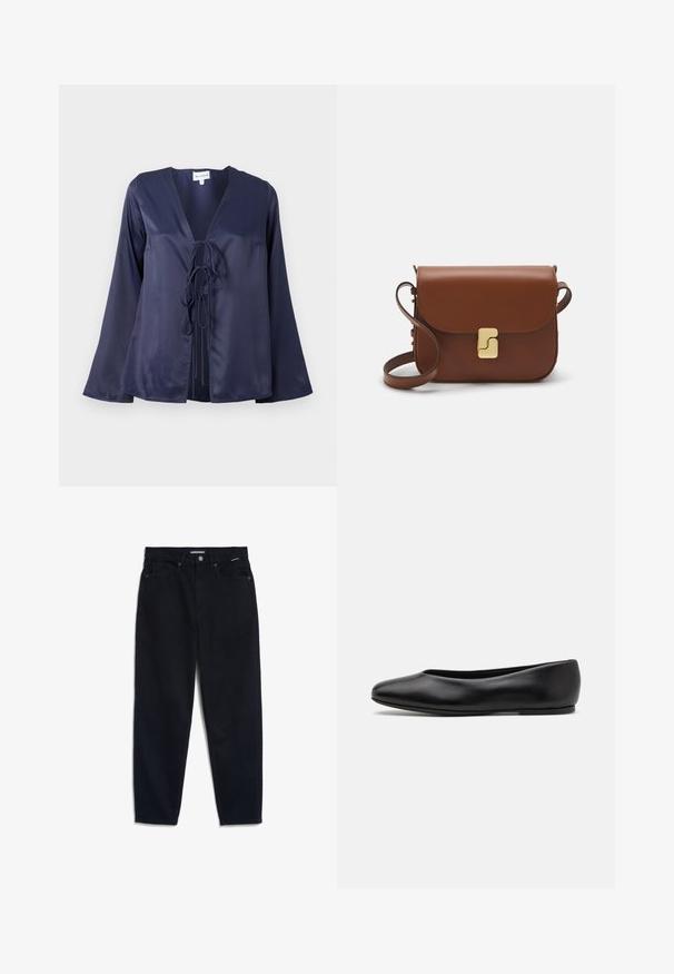 Navy blue satin blouse with a V-neckline, long flared sleeves, and a front tie closure. Smooth texture with a simple, elegant design.; Dark grey, long-sleeve, cropped t-shirt made from a lightweight, slightly textured fabric. Features a round neckline and loose fit.; Black denim jeans with a straight leg, five-pocket design, and a button closure. Fabric has a smooth texture and minimal visible stitching.; Paul Smith TOPANGA - Ballet pumps - black; Brown leather handbag with a flap closure, gold-tone hardware, a shoulder strap, and a smooth texture. Compact rectangular shape.