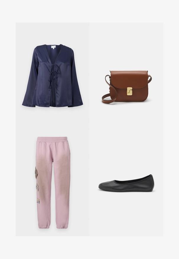 Blouse en satin bleu marine avec un décolleté en V, des manches longues évasées et une fermeture à nouer à l'avant. Texture lisse avec un design simple et élégant.; T-shirt blanc à manches courtes en tissu côtelé. Col rond, coupe régulière et détails de couture subtils. Aucune motif ni graphique.; Pantalon de survêtement rose avec une taille élastique, présentant des patches décoratifs en forme de diamant sur le côté gauche et des poignets élastiques aux chevilles.; Ballerines en cuir noir avec un bout rond, texture lisse, détails de couture minimalistes et design de semelle flexible.; Sac à main en cuir marron avec une fermeture à rabat, des accents en métal doré, une bandoulière et une texture lisse. Forme rectangulaire compacte.