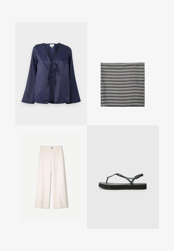 Marineblaue Satinbluse mit V-Ausschnitt, langen, ausgestellten Ärmeln und vornem Bindeband. Sanfte Textur mit einem schlichten, eleganten Design.; Cremfarbene weitem Hosen mit maßgeschneidertem Design, ausgestattet mit zwei vorderen Taschen und einem vorderen Knopfverschluss, aus glattem Stoff gefertigt.; Schwarze Gummi-Flip-Flop-Sandalen mit einem strukturierten Riemen und flacher Sohle. Der Riemen hat ein gedrehtes Design für zusätzlichen visuellen Detail.; Schwarz-weißer gestreifter Schal aus leichtem Stoff. Rechteckige Form mit gleichmäßigen, abwechselnden Streifen unterschiedlicher Breite. Weiche Textur.; Geflochtener brauner Handtasche in rechteckiger Form, mit strukturiertem Griff und texturierter Oberfläche. Verfügt über einen geschlossenen oberen Teil und ein ausgeklügeltes Geflechtmuster.