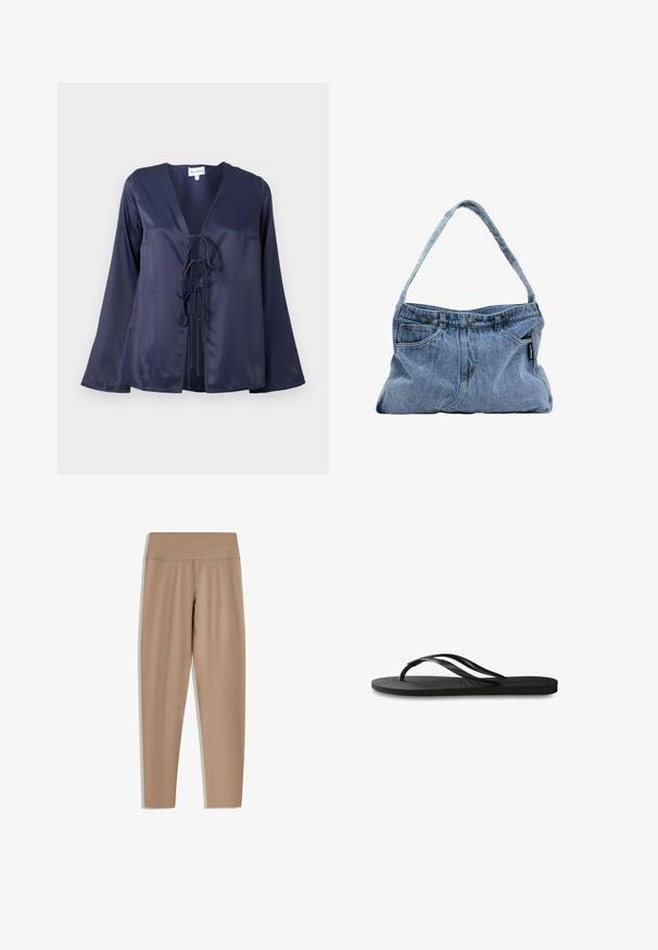 Marinblå satinblus med V-hals, långa utsvängda ärmar och knytning framtill. Slät textur med en enkel, elegant design.; Tan leggings med hög midja, tillverkade av ett slätt, elastiskt material. Har en strömlinjeformad passform utan synlig hårdvara eller mönster.; Svart flip-flop med en texturerad gummisula, två slanka remmar och en subtil, präglad logodetalj på remmen.; Denimaxelväska med en böjd rem, två frampocket och en knäppt topp, med ljusblått tyg och kontrasterande sömdetaljer.