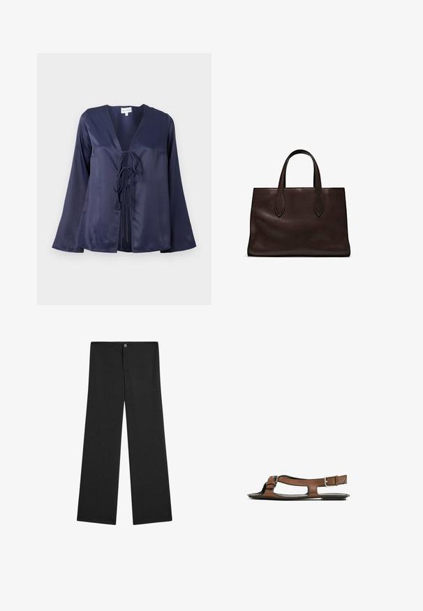 Granatowa satynowa bluzka z dekoltem w kształcie litery V, długimi rozszerzanymi rękawami i zapięciem na kokardę z przodu. Gładka faktura i prosty, elegancki fason.; Czarne, szerokie spodnie wykonane z lekkiego materiału, z zapięciem na guzik, bez widocznych wzorów i o gładkiej, jednolitej fakturze.; Brązowe skórzane sandały z otwartym palcem i wycięciami po bokach. Posiadają pasek na kostkę z metalową klamrą oraz płaską podeszwę.; Brązowa skórzana torba tote z dwoma wydłużonymi uchwytami, usztywnionym prostokątnym kształtem, gładką teksturą i subtelnymi detalami przeszycia.