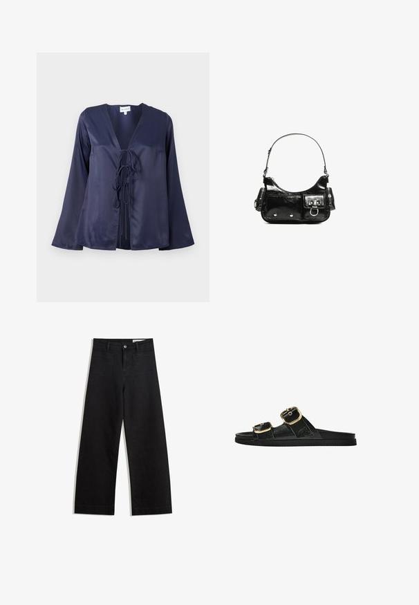 Tamno plava saten bluzica s V-izrezom, dugim lepršavim rukavima i prednjim vezanjem. Glatka tekstura s jednostavnim, elegantnim dizajnom.; Crne široke traperice s visokim strukom, s prednjim i stražnjim džepovima, šivenim šavovima i kopčanjem na gumb. Glatka tekstura.; Crne sandale na klizanje s dva zlatna akcenta u obliku kopči, glatkog teksturiranog materijala, ravnim potplatom i minimalističkim dizajnom.; Crna patentna kožna torba s zakrivljenim oblikom, jednim remenom za rame, prednjim džepovima i akcentima od srebrnog tona.