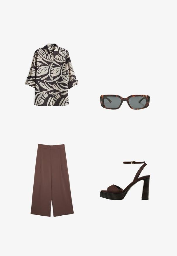Short-sleeve shirt in black and cream with a bold leaf pattern. Made from lightweight fabric, it features a classic collar and buttons.; Brown wide-leg trousers with a smooth texture, featuring a high waist and front pleats. The fabric is lightweight and flows loosely.; Brown suede high-heeled sandal with an open toe, adjustable ankle strap, and a striped platform sole.; Tortoiseshell sunglasses with rectangular lenses, thick frames, and dark tinted lenses. Smooth texture and minimalistic design.