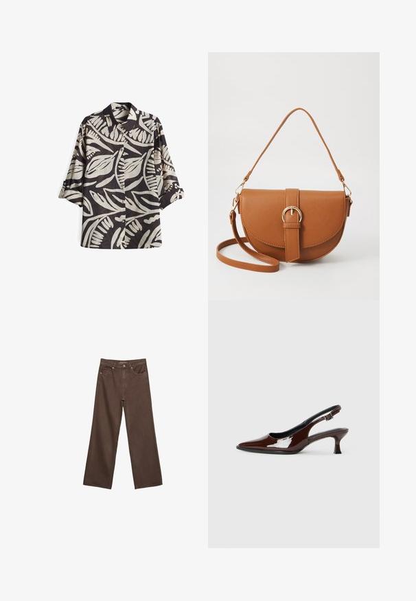 Short-sleeve shirt in black and cream with a bold leaf pattern. Made from lightweight fabric, it features a classic collar and buttons.; Wide-leg brown jeans made of denim, featuring a high waist, front pockets, and a classic button closure. Smooth texture with subtle stitching.; Brown patent leather slingback shoe with a pointed toe and a moderate heel. Features a buckle strap for secure fit. Smooth texture.; Brown leather crossbody bag with a curved shape, gold hardware, and a buckle accent. Features a detachable shoulder strap.