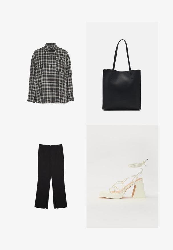 Svart och vit rutigt långärmad skjorta med krage och bröstficka, visad mot vit bakgrund.; Svarta byxor med rak passform, utrustade med framfickor och sidoklyvningar vid fållen. Tillverkade av mjukt, slätt tyg. Lämpliga för olika tillfällen.; Vit högklackad sandal med en kraftig klack, med ett remdesign och ankelband. Slät textur med en plattform framtill för ökad höjd.; Svart lädertoffelväska med slät textur, rektangulär form och två långa handtag. Ingen synlig hårdvara eller dekorationer.