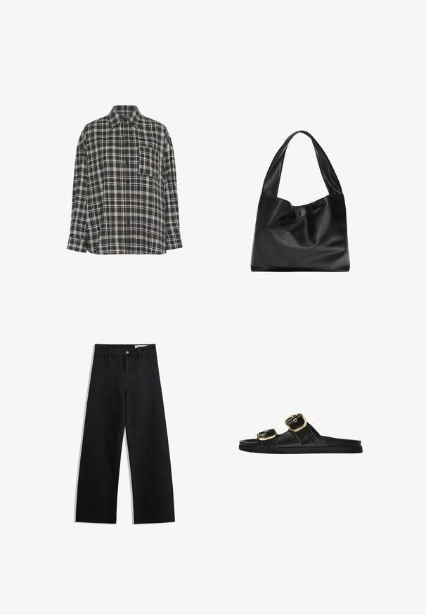 Black and white plaid long-sleeve button-up shirt with collar and chest pocket, displayed against white background.; Black wide-leg denim pants with a high waist, featuring front and back pockets, stitched seams, and a button closure. Smooth texture.; Black slide sandal with two gold buckle accents, smooth textured material, flat sole, and a minimalist design.; Black leather tote bag with a soft, slouchy design, wide handles, and smooth texture. No visible hardware or embellishments.