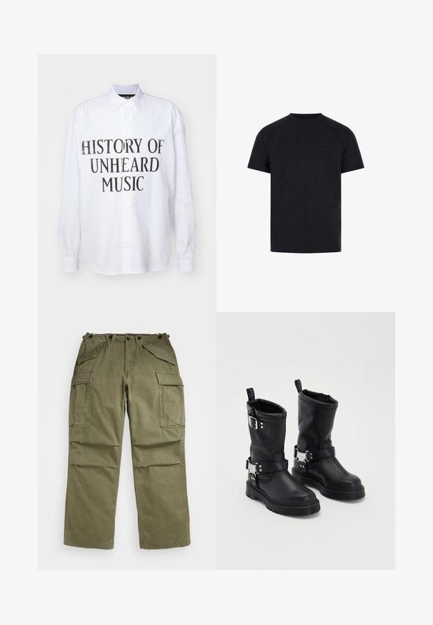 Bílá košile s dlouhými rukávy a knoflíky, na přední straně s tištěným nápisem "HISTORIE NESLYŠENÉ HUDBY" v tučném, opotřebovaném černém písmu.; Černé tričko s kulatým výstřihem vyrobené z hladké tkaniny. Obsahuje krátké raglánové rukávy a decentní vypouklé logo na přední části hrudníku.; Olivově zelené cargo kalhoty vyrobené z texturované látky, s několika předními a bočními kapsami a zesíleným švem na švech.; Černé kožené kotníkové boty se robustní podrážkou, vybavené bočním řemínkem se sponou a dekorativními prvky. Hladký povrch s poutkem.