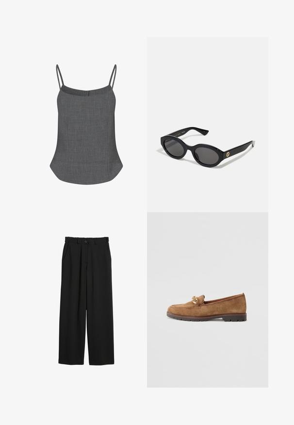 Grijze linnen camisole met dunne spaghettibandjes, een rechte halslijn en een uitlopende zoom, met een subtiele textuurafwerking.; Zwarte wijde broek gemaakt van gladde stof, met een elastische tailleband, zijzakken en een knoopsluiting in de taille.; Tamaris Instappers - camel; Zwarte ovale zonnebril met donkere glazen en een glanzend kunststof frame. Heeft een gouden logo op de poot, dat een strakke en moderne uitstraling biedt.; Gouden ronde stud oorbellen met een gepolijste afwerking en een kleine post. Ze hebben een gladde textuur en een reflecterend oppervlak.