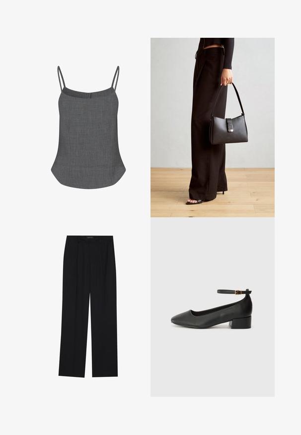 Camisole grigia in lino con sottili spalline a spaghetto, scollatura dritta e orlo svasato, caratterizzata da una finitura testurizzata sottile.; Pantaloni neri con un design a gamba dritta, dotati di due tasche frontali e di una vita. Realizzati in un tessuto morbido e leggero.; Pump in pelle nera con punta affusolata e tacco basso a blocco. Presenta una cinghia alla caviglia con una fibbia in tonalità oro. Texture liscia.; Borsa nera con forma strutturata, texture liscia e una chiusura metallica. Abbinata a pantaloni neri larghi e sandali open-toe su un pavimento in legno.