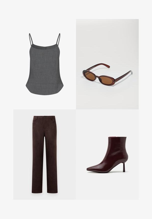 Camisole grigia in lino con sottili spalline a spaghetto, scollatura dritta e orlo svasato, caratterizzata da una finitura testurizzata sottile.; Pantaloni in suede marrone scuro a gamba dritta con chiusura anteriore a bottone e zip, passanti per cintura e tasche laterali.; Stivale alla caviglia in pelle laccata bordeaux con punta affusolata e tacco stiletto sottile, caratterizzato da una texture liscia e lucida e da un design minimalista.; Occhiali da sole rotondi con tonalità marrone, montatura lucida color bordeaux. Aste sottili con un sottile dettaglio del marchio. Design delle lenti piatte.; Borsa intrecciata color bordeaux con forma arrotondata e manico singolo, dotata di una superficie testurizzata e chiusura a coulisse elastica.