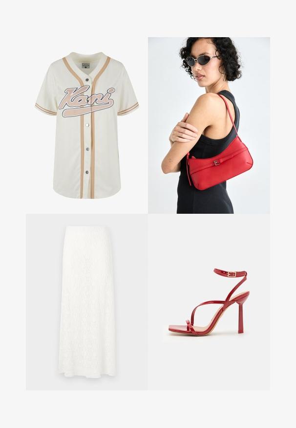 Tejszínből készült baseball póló bézs csíkokkal, gombos záródással és fehér hímzett "Kani" felirattal. Lélegző anyagból készült, a kényelem érdekében.; Fehér csipkés maxi szoknya, texturált mintával, elasztikus derékkal és légies fazonnal. Az anyag könnyűnek és szellősnek tűnik.; ALDO SCINTILLA - Magas sarkú szandálok - red; Piros bőr válltáska sima felülettel, ívelt dizájnnal és dekoratív csattal. Állítható pánt és cipzáras záródás.