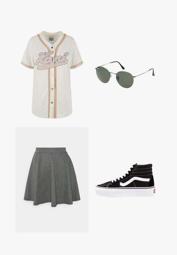 Maglietta da baseball crema con strisce beige, chiusura con bottoni e "Kani" ricamato in bianco. Realizzata in tessuto traspirante per il massimo comfort.; Top corto a costine nero con scollatura rotonda e design senza maniche. Realizzato in tessuto morbido ed elastico, presenta bordi rifiniti con cura.; Gonna a pallini bianco e nera in stile skater con vita aderente e orlo svasato, realizzata in tessuto testurizzato che presenta un motivo classico.; Scarpe da ginnastica nere alte con lacci bianchi, un logo bianco e cuciture bianche a contrasto. Presentano una suola bianca spessa e una parte superiore in suede textured.; Occhiali da sole con montatura in metallo e lenti verdi ovali. Montatura sottile in metallo argento e terminali neri. Design minimalista, senza loghi visibili.