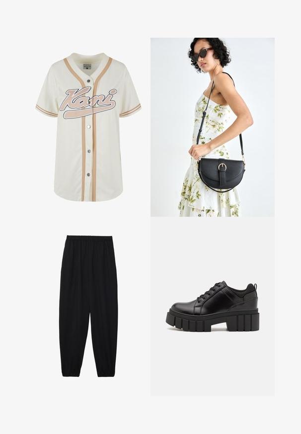 Krēmo krāsas beisbola krekls ar bēšām svītrām, pogu aizdare un baltā krāsā izšūta vārdu "Kani". Izgatavots no elpojoša auduma, kas nodrošina komfortu.; Melnas, vieglas bikses ar elastīgu jostu un savilktiem potītiem. Audums ir gluds un to raksturo brīva, sašaurināta forma.; Melnas ādas platformas kurpes ar masīvu bloku papēdi, apaļu purngalu un tradicionālu saistīšanas dizainu. Izceļas ar gludu tekstūru un minimālu apdari.; Melnas ādas rokassoma ar izliekta formu, noņemamu siksnu un zelta aksesuāriem. Somai ir vāciņš ar sprādzes detaļu.