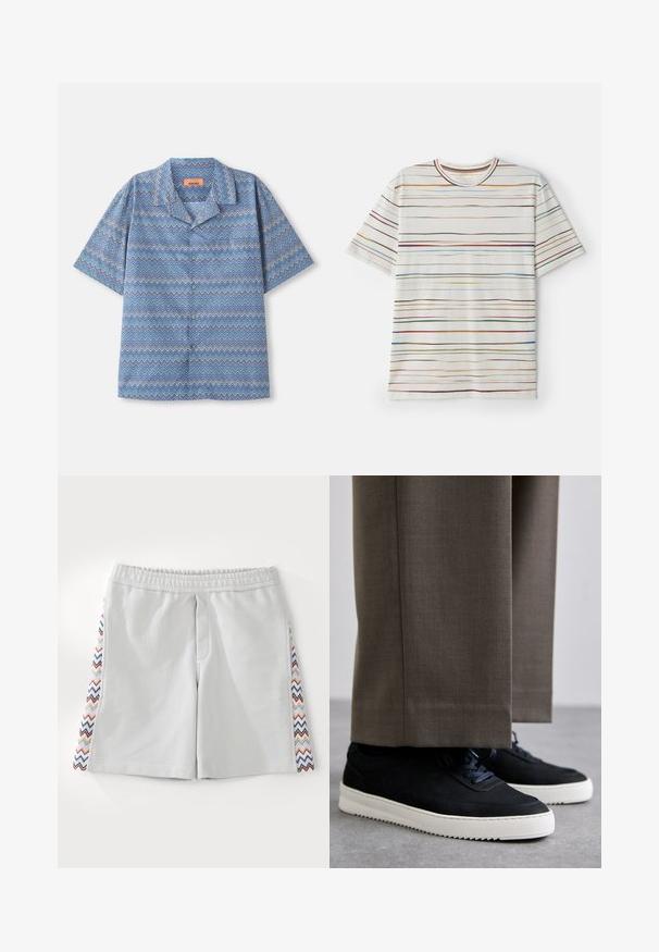 Lühikeste varrukatega nööbiga särk sinise, valge ja lilla sakilise mustriga, laotatuna valgele taustale.; Lühikeste varrukatega t-särk, kreemjas põhja ja mitmevärviliste horisontaalsete triipudega. Pehme kangas, ümar kaelus, sirge lõige, minimalistlik disain.; Heledad hallhalli sportlikud lühikesed püksid elastse vöökohaga ja mitmevärvilise zikk-zakk mustriga külgedel. Sile tekstuur ja põlvepikkune disain.; Mustad suleed sneakers valge kummist tallaga, ümarate varvaste ja paeltega, kantud hallide ülikonna pükste kõrval.