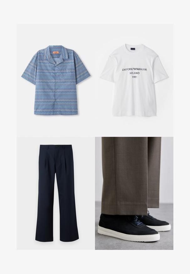 Koszula na krótki rękaw zapinana na guziki w niebiesko-biało-fioletowy wzór w zygzaki, leżąca na płasko na białym tle.; Biała bawełniana koszulka z krótkim rękawem, z napisem "EMPORIO ARMANI MILANO 1981" w ciemnoszarym kolorze i logo. Klasyczny krój z okrągłym dekoltem.; Granatowe spodnie o dopasowanym kroju, szerokiej nogawce, z przodu zaszewkami i pojedynczym zapięciem na guzik w talii. Gładka tekstura materiału.; Czarne zamszowe sneakersy z białymi gumowymi podeszwami, z zaokrąglonym noskiem i sznurówkami, noszone z szarymi dopasowanymi spodniami.