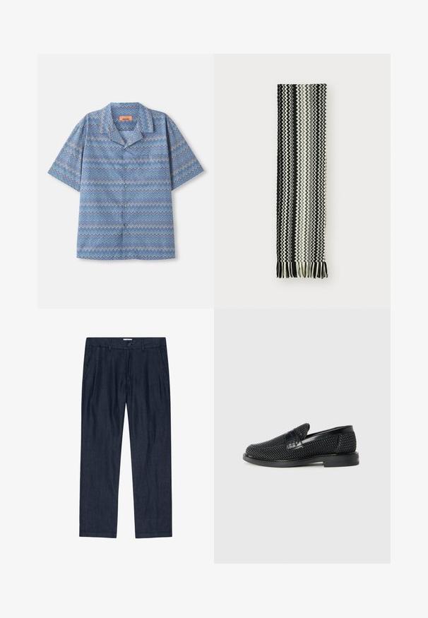 Koszula na krótki rękaw zapinana na guziki w niebiesko-biało-fioletowy wzór w zygzaki, leżąca na płasko na białym tle.; Ciemnoniebieskie, luźne spodnie wykonane z fakturowanej tkaniny, z zapięciem na guzik i bocznymi kieszeniami; prosty krój nogawki z miękkim wykończeniem.; Czarny, pleciony but wsuwany z gładkim skórzanym akcentem na cholewce, o okrągłym nosku i niskoprofilowej gumowej podeszwie.; Czarny i biały wpleciony szalik z wzorem w zygzak, z frędzlami na końcach. Materiał jest miękki i lekki.