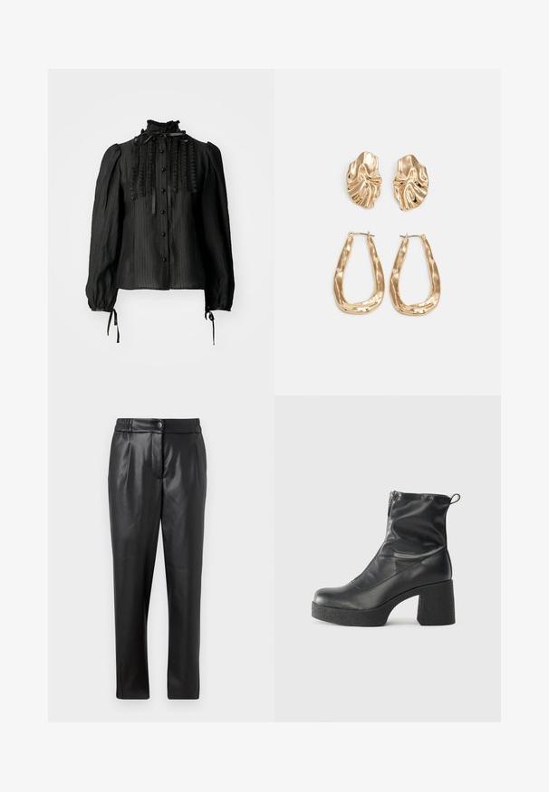 Black long-sleeve blouse with vertical stripes, ruffled front, high neckline, and ribbon ties. Features button closures and elastic cuffs.; Black leather pants with a smooth texture, straight fit, elastic waistband, and a front button closure; pleated detailing and tapered legs.; Black ankle boots made of smooth leather, featuring a side zipper, chunky textured heel, and rounded toe design.; Gold-tone earrings featuring textured, wavy shapes. Includes sculptural clip-on studs and open hoop design with a hammered finish.