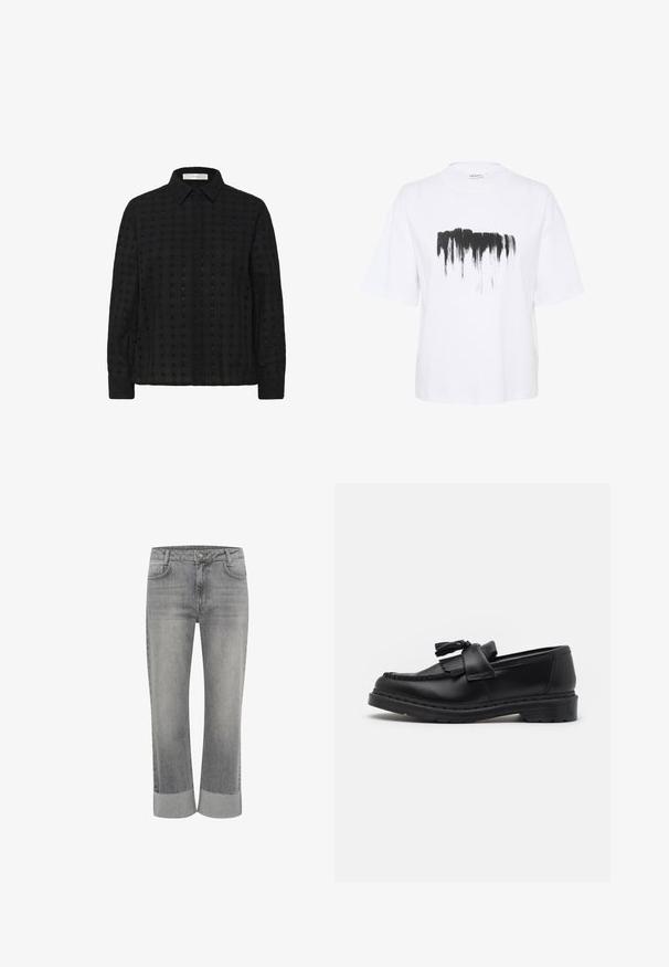 Camicia nera con bottoni realizzata in tessuto testurizzato con un motivo a griglia, dotata di colletto e maniche lunghe, con bottoni coordinati lungo la parte anteriore.; T-shirt bianco in cotone con vestibilità ampia, caratterizzato da una stampa a pennellate nere sul petto e maniche corte.; Jeans in denim grigio con una linea dritta, caratterizzati da un orlo ripiegato. Stile classico a cinque tasche e chiusura con bottone frontale.; Mocassino in pelle nera con dettagli a frangia, cuciture lungo il bordo e una suola in gomma spessa per una maggiore durata.