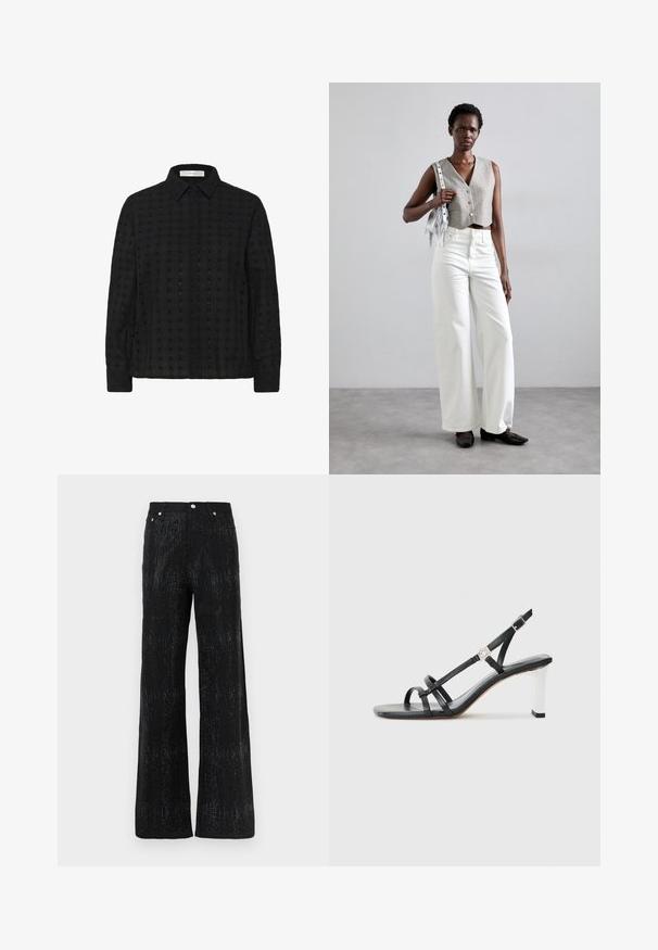 Čierna košeľa na gombíky vyrobená z textúrovanej tkaniny s mriežkovým vzorom, so golierom a dlhými rukávmi, s jednofarebnými gombíkmi pozdĺž prednej strany.; Čierne široké nohavice s textúrovaným povrchom, s lesklým vzorom. Dokončené štandardným pásom a kovovými gombíkmi.; Čierne sandále na vysokom opätku s viacerými úzkymi popruhmi, dizajnom so slingbackom a so strieborným akcentom na opätku. Hladký vrchný materiál a štvorcový opätok.; Sivý skrátený vest s gombíkmi, skombinovaný s bielymi širokými nohavicami a čiernymi plochými topánkami. Doplnkový malý strieborný strapcatý ruksak.