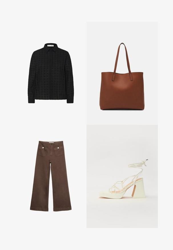 Črna srajca s gumbi, izdelana iz teksturirane tkanine z mrežastim vzorcem, z ovratnikom in dolgimi rokavi ter usklajenimi gumbi na sprednji strani.; Svetlo rjave široke hlače iz bombaža, ki vključujejo dva sprednja žepa s srebrnimi gumbi in gladko teksturo.; Bela sandala na visokih petah s debelim petam, ki ima obliko trakcev in vezanje okoli gležnja. Gladka tekstura z platformo spredaj za dodatno višino.; Rjava usnjena torba z gladko teksturo, odprto zasnovo zgoraj in dvema naramnima trakovoma. Opremljena je z minimalnim šivanjem in brez vidnih kovinskih delov.